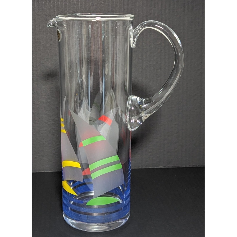 Czechoslovakian Bohemia Glass Hand-Painted Sailboats Martini‎ Pitcher 11"